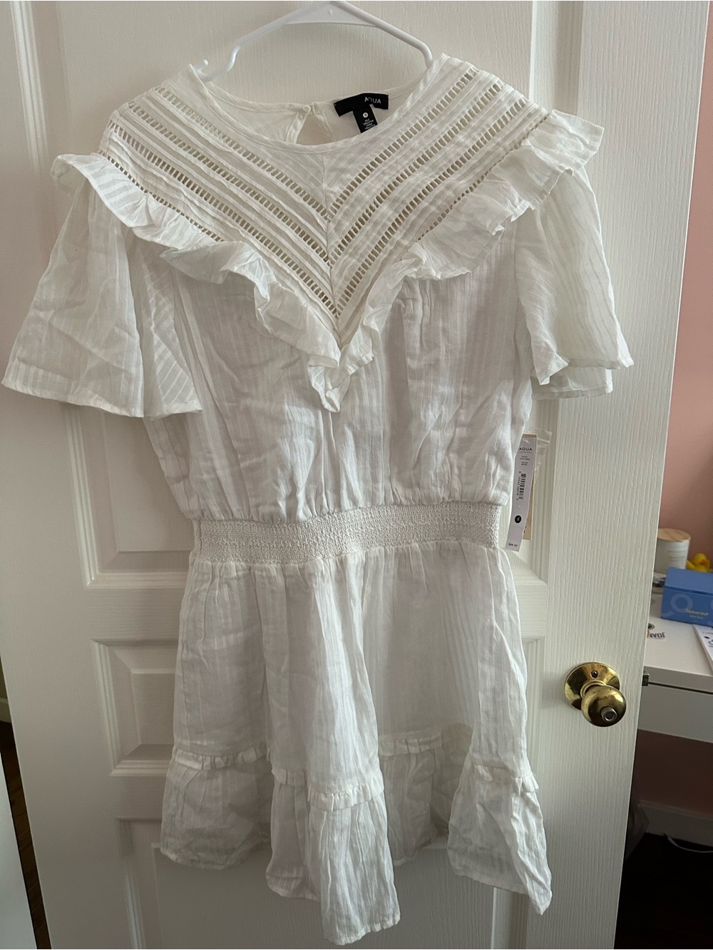 Aqua White Ruffled Eyelet-Trim Casual Dress